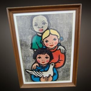 Vintage  24x31 Coloured Woodcut Print, 1959 Li Pingfan, Title: "We Want Peace"